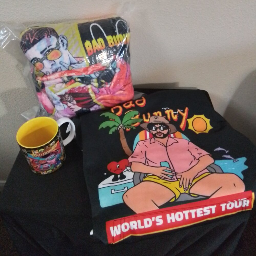 Bad Bunny Plush Throw, Coffee Mug, & Hoodie Large Bundle